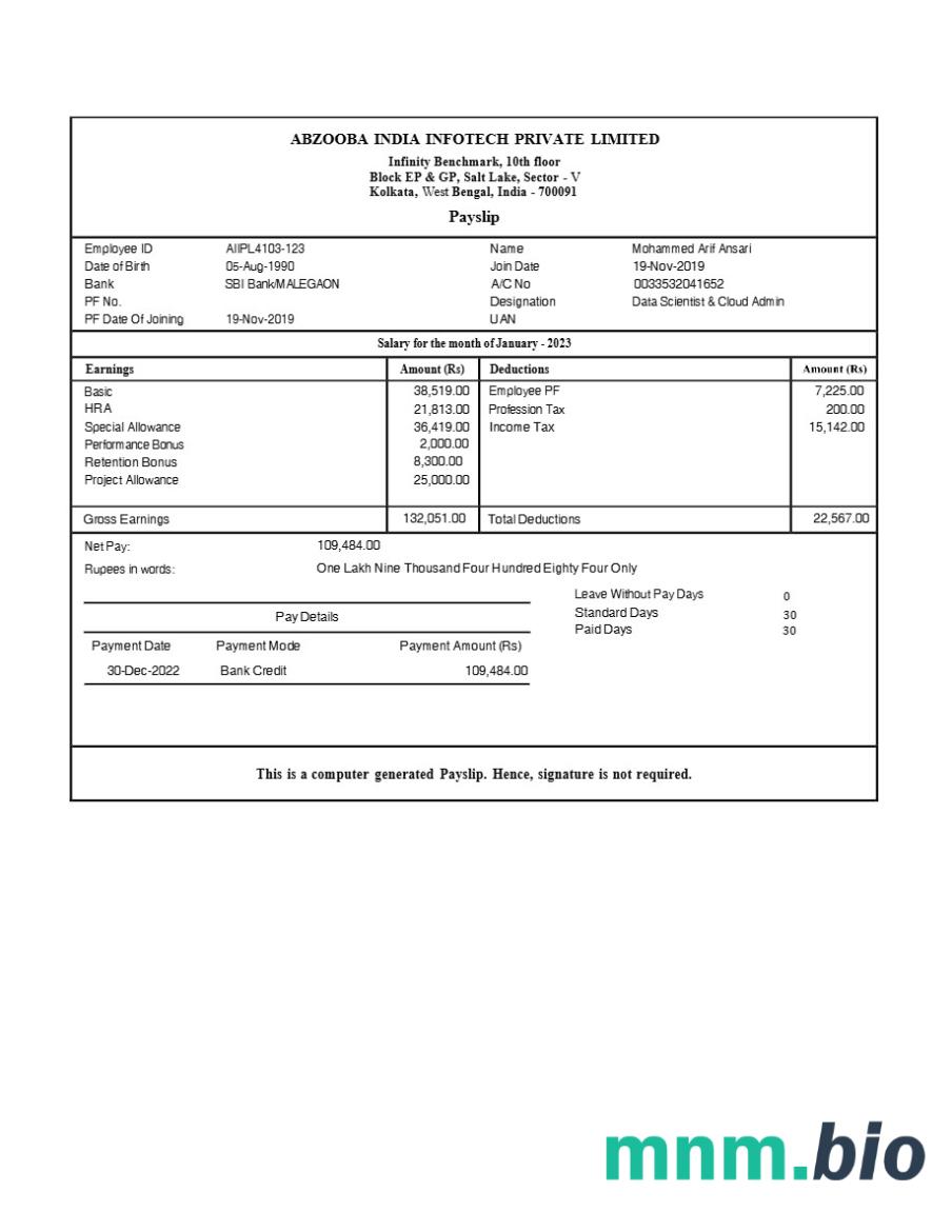 Szablon odcinka wypłaty Abzooba India Infotech w formatach Word i PDF